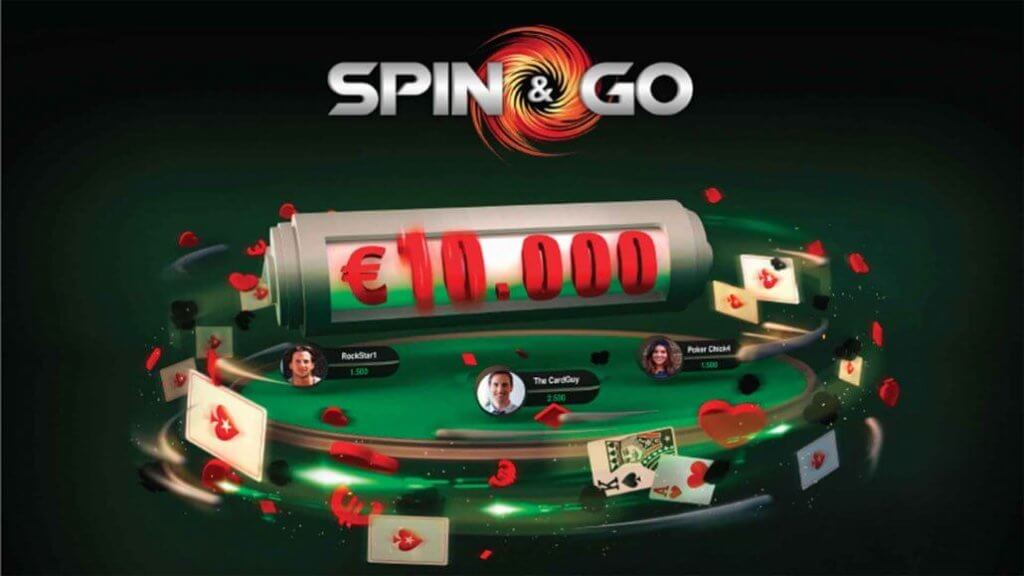 Spin & Go poker strategy graphic with €10,000 prize reel, cards, and player avatars
