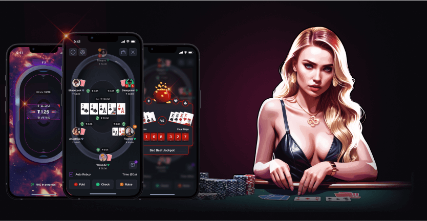 CoinPoker mobile app: three phone screens show poker tables next to an illustrated female blonde player with chips and cards.