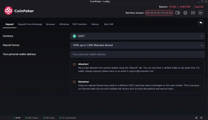 CoinPoker deposit screen with USDT selected, 150 % up to 2,000 welcome bonus, and wallet-address field