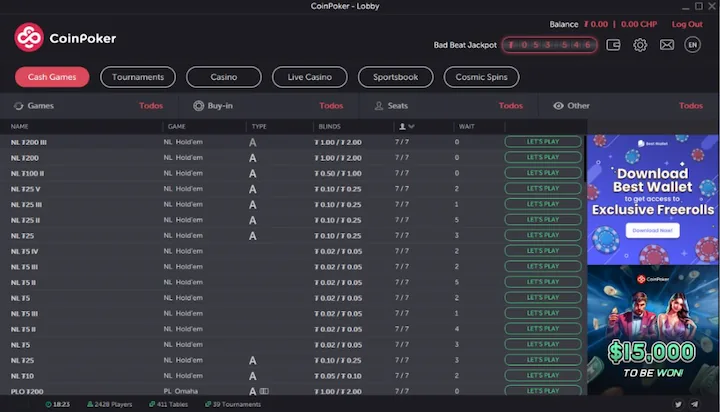 CoinPoker lobby screenshot listing No-Limit Hold’em cash tables, with sidebar banner advertising a $15,000 freeroll promotion