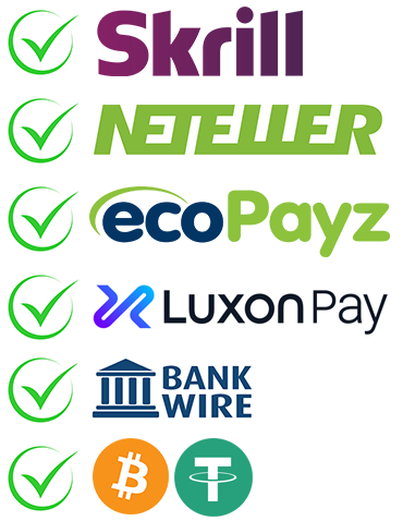 Poker Affiliate Payment Options Logos including Skrill, NETELLER, ecoPayz, LuxonPay, Bank Wire Transfers, and Bitcoin & Tether