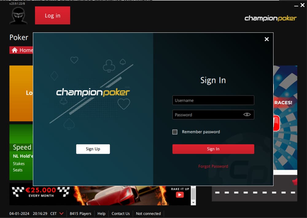 ChampionPoker Login Window ChampionPoker Login Window
