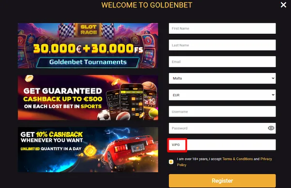 How to enter Goldenbet promo code VIPG during sign up