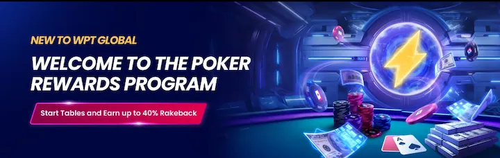 Banner WPT Global: Programa de Recompensas de Poker: inicie mesas e ganhe até 40 % de rakeback; fichas, cartas e dinheiro em sala futurista.