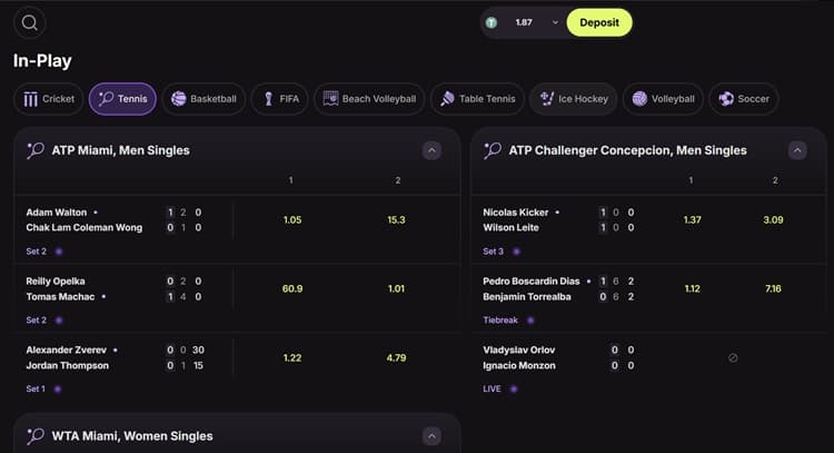 Tennis In-Play Betting at Cloudbet