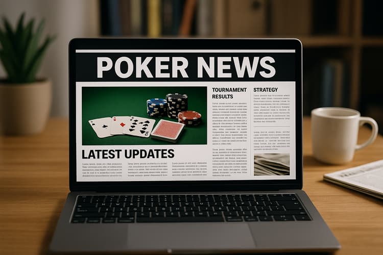 online poker news displayed on a laptop screen which is standing on a table next to a cup of coffee