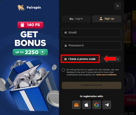 rejestracja kodu promocyjnego fairspin