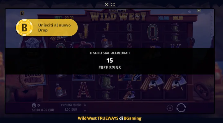 Immagine della slot Wild West TRUEWAYS di BGaming su HellSpin, con 15 free spins assegnati automaticamente al giocatore tramite un bonus senza deposito Immagine della slot Wild West TRUEWAYS di BGaming su HellSpin, con 15 free spins assegnati automaticamente al giocatore tramite un bonus senza deposito