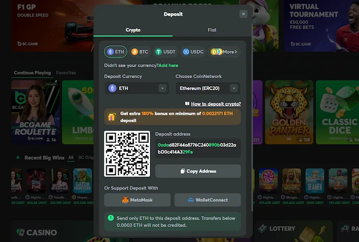 bc.game deposit with Ethereum (ETH)
