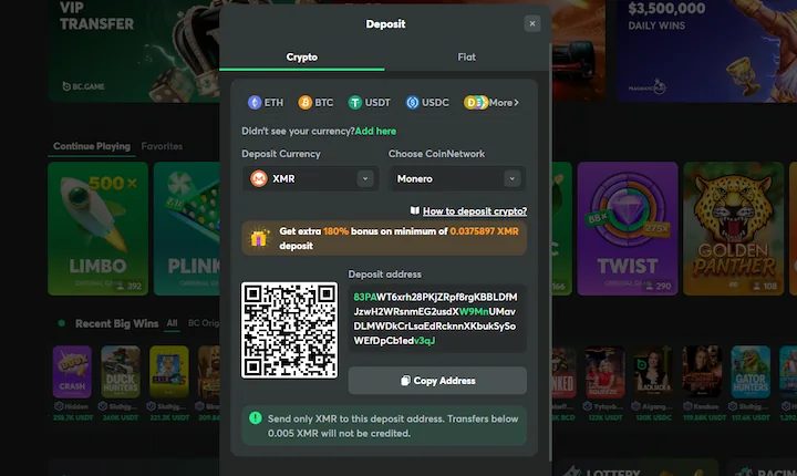 bc.game deposit with monero (XMR) coin