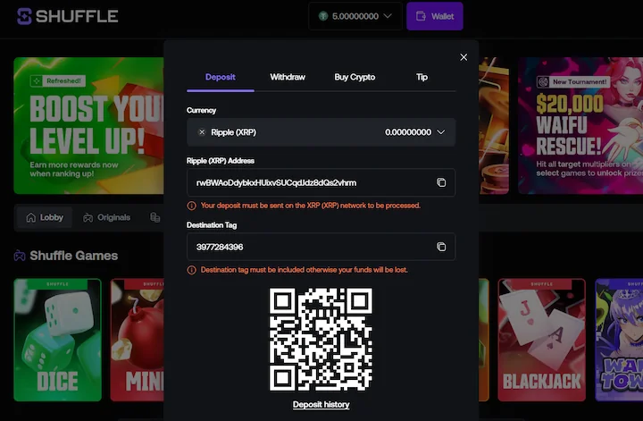 shuffle casino deposit option with Ripple (XRP)