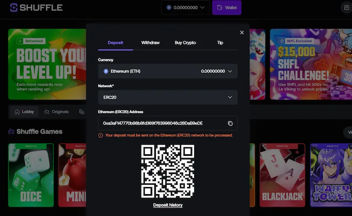 shuffle deposit with Ethereum (ETH)