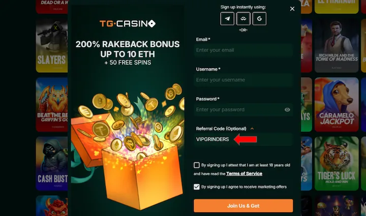 tg.casino promo code VIPGRINDERS referral
