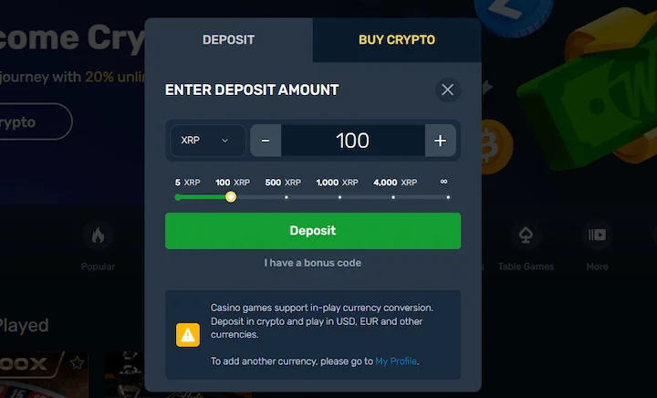 winz.io deposit with ripple (XRP)