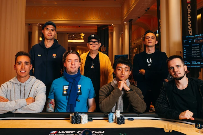 Event #18 final table players (clockwise from back-left): Kiat Lee, Richard Yong, Ruslan Khadartsev, Mikita Badziakouski, Michael Zhang, Martin Nielsen, Rene Van Krevelen