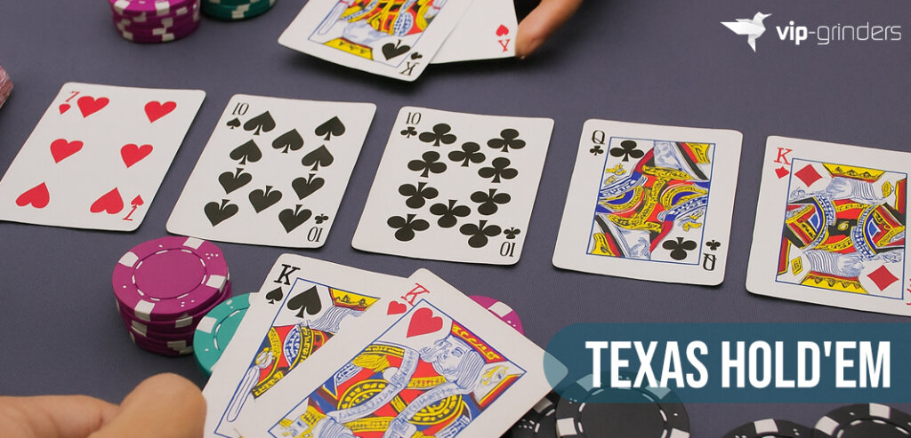 Texas Hold’em Poker Strategy – Learn how to play winning hands Texas Hold'em showdown with community cards, chips, and players’ hole cards at VIP-Grinders strategy guide