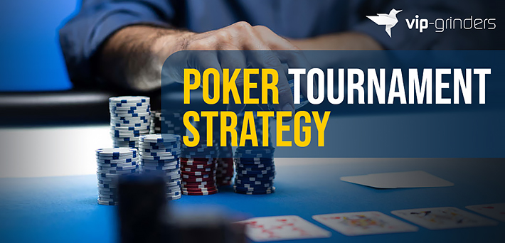 Poker Tournament Strategy title with poker chips and cards