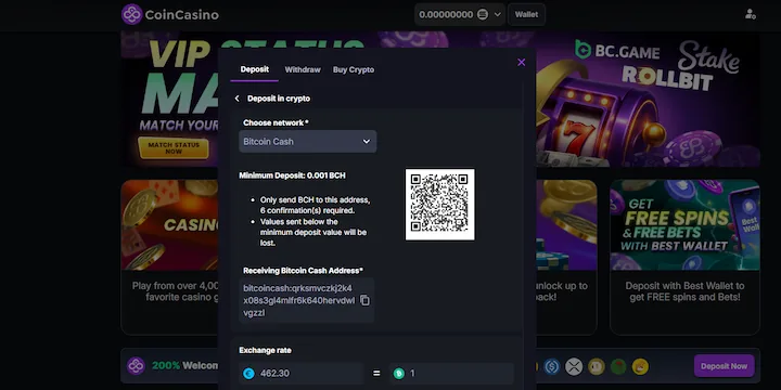 coincasino deposit with bitcoin cash (BCH)