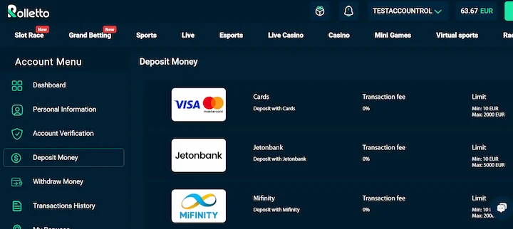 rolletto deposit with mastercard