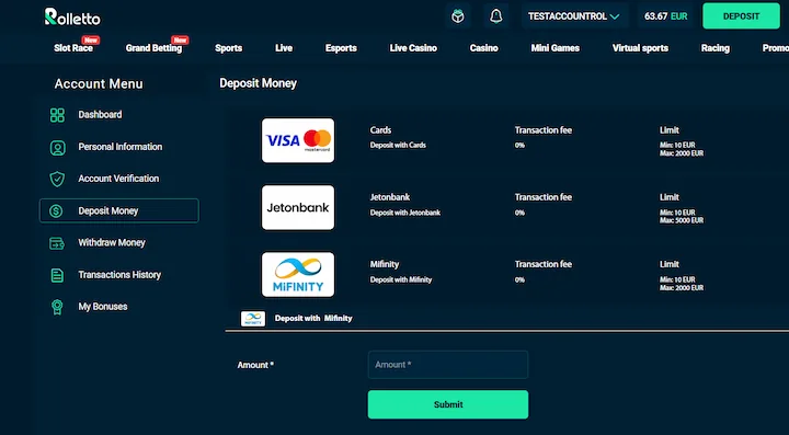 rolletto deposit with mifinity