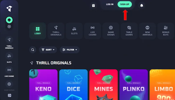 thrill casino sign up button