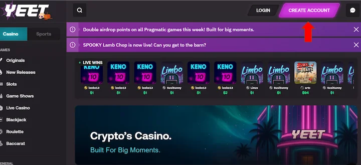 yeet casino create account