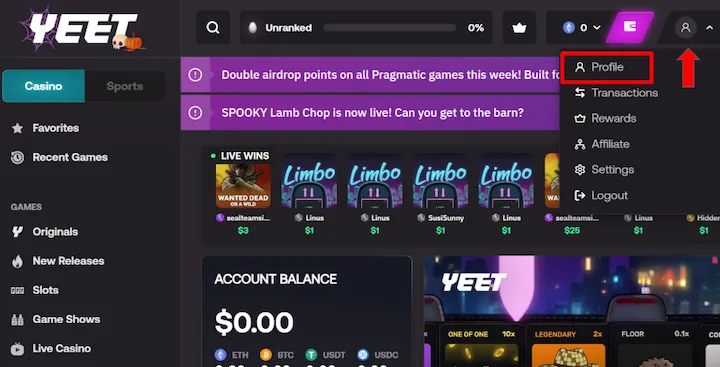 yeet casino open profile