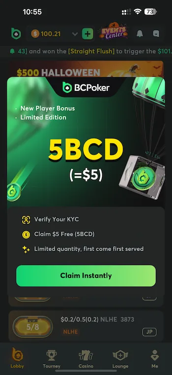 BCPoker no deposit bonus $5 for free