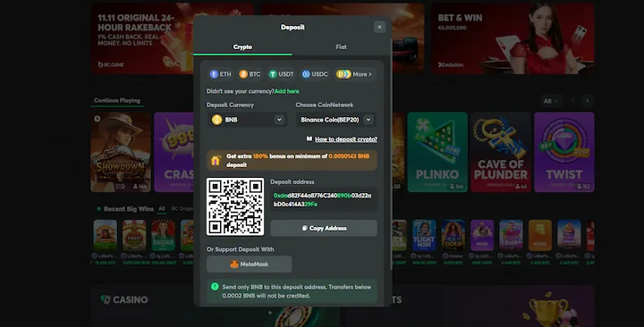 bc.game deposit with binance coin (BNB)