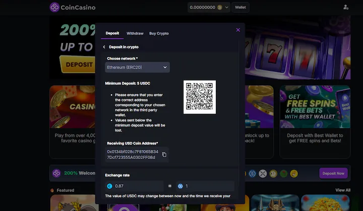 coincasino deposit with USD Coin (USDC)