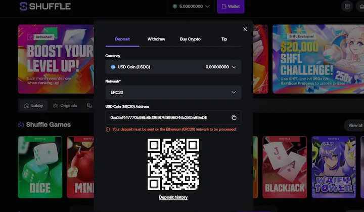 shuffle deposit with USD Coin (USDC)