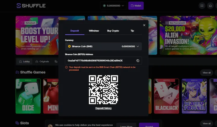 shuffle deposit with binance coin (BNB)