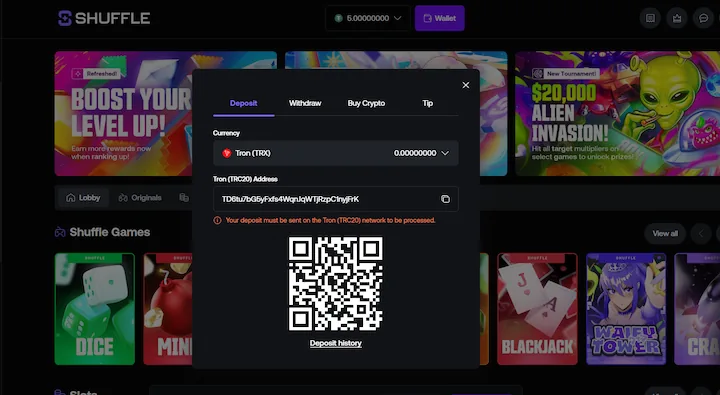 shuffle deposit with tron (TRX)