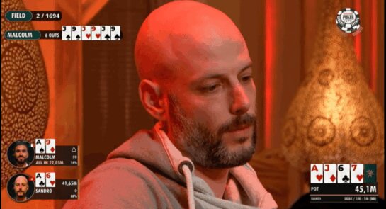 WSOP Marrakech winner for 2026, watching the final hand with A9 vs A6 and a dealt board of AJ67