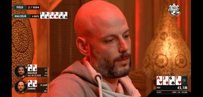 WSOP Marrakech winner for 2026, watching the final hand with A9 vs A6 and a dealt board of AJ67