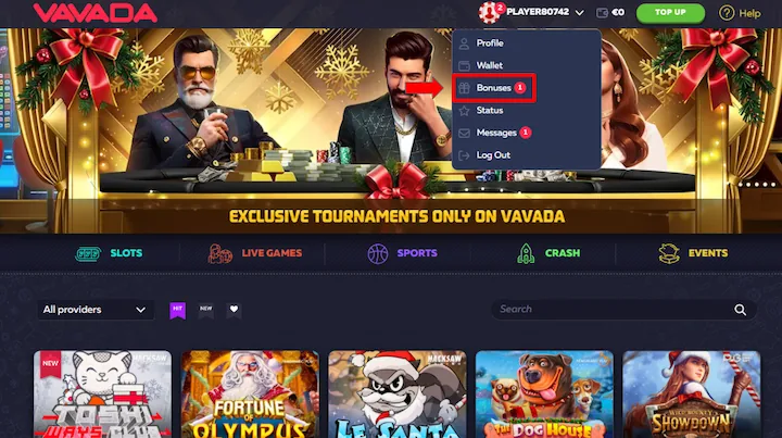 Vavada select 'Bonuses' under player profile