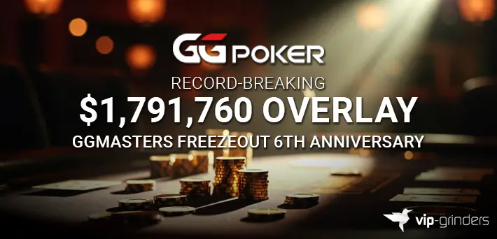 GGPoker GGMasters Freezeout 6th Anniversary showing record-breaking $1,791,760 overlay with poker chips and tournament table